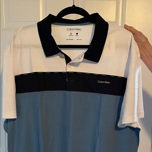 Calvin Klein Men's White, Black, and Blue Polo Shirt